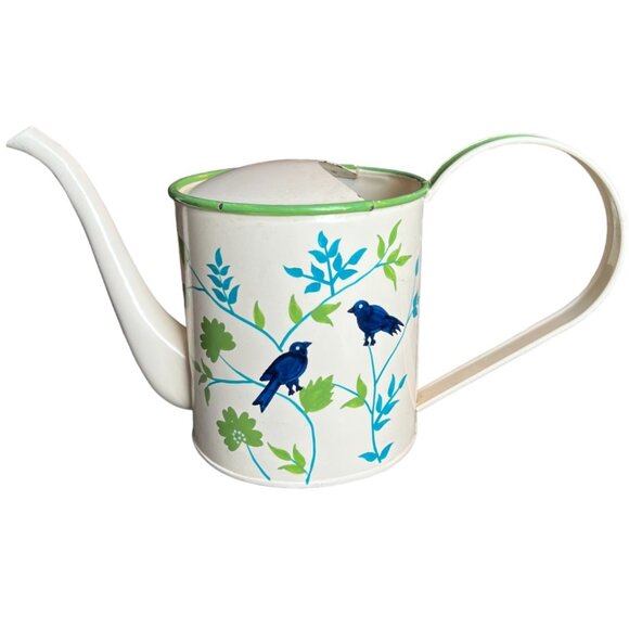 Vtg Enameled Steel Watering Can Bluebird Garden Handpainted Double-Sided India - Picture 3 of 16